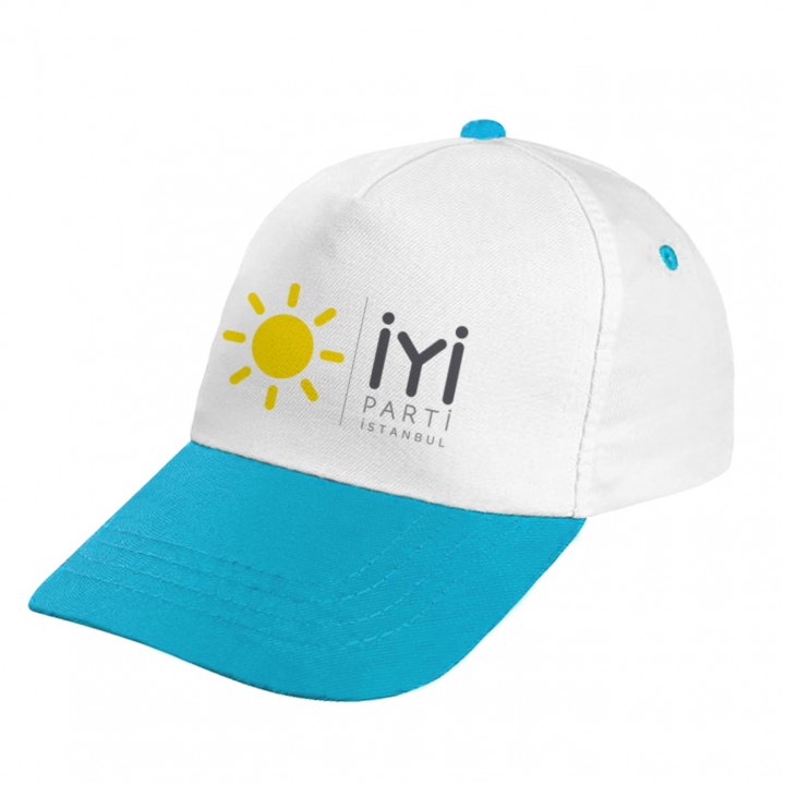 İYİ Parti Logolu Beyaz 5 Panel Polyester Promosyon Şapka Siperli Baskılı Seçim Modeli